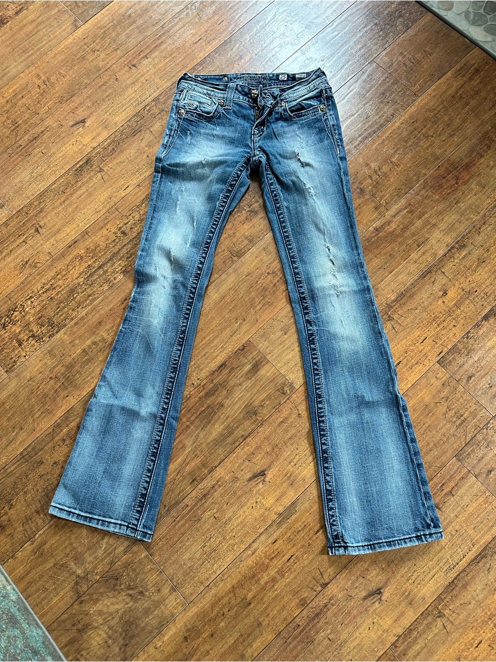 Y2K Miss Me Women's Blue Distressed Flare Jeans with peace sign symbol